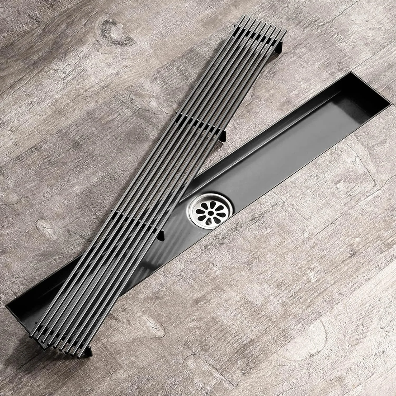 Black Rectangular Linear Shower Filter With Cover Fitting Capsule Type Removable Mesh SS 304 Stainless Steel Linear Floor Drain