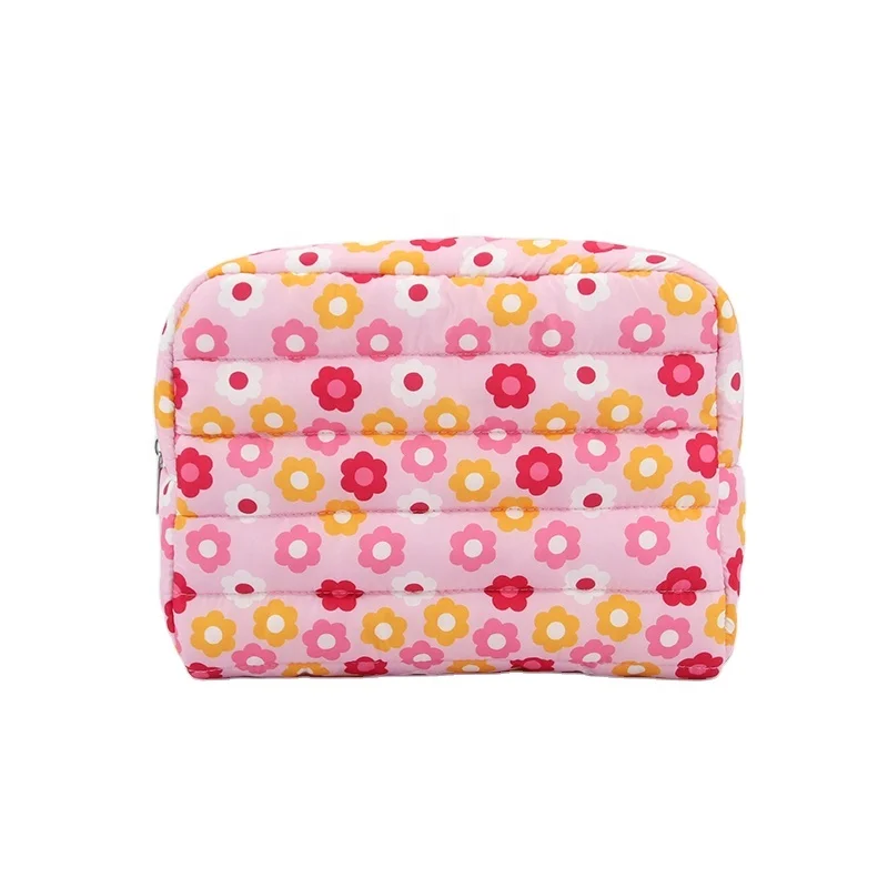 BSCI Factory Wholesale Custom Pastoral Flower Prints Makeup Bags Fashion Style Stitching Quilted Puffer Case Zipper Closure Logo