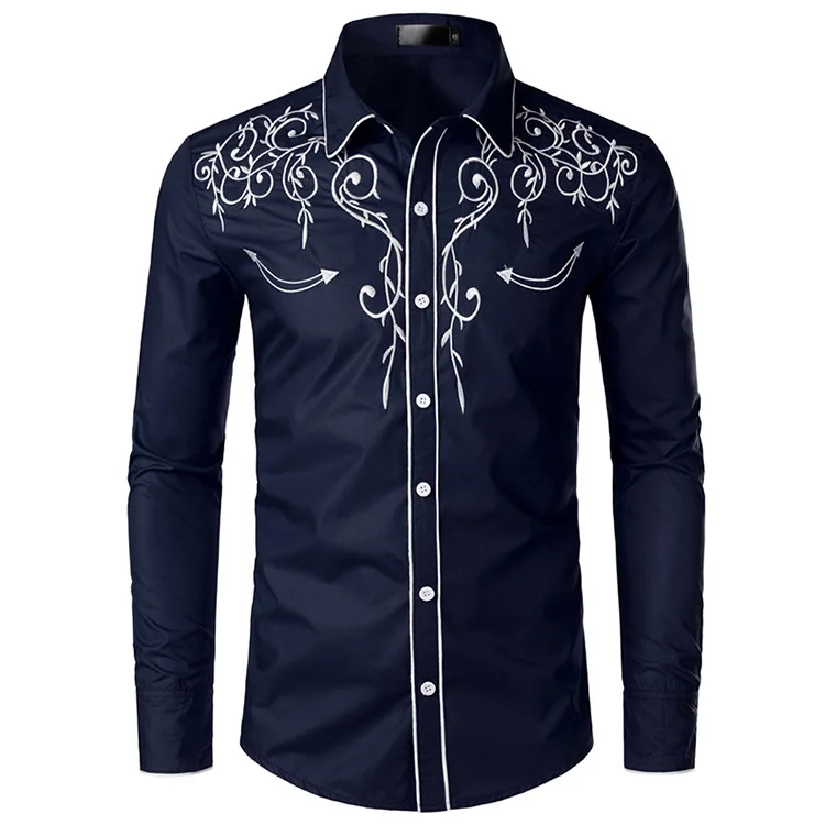 Men Stylish Western Cowboy Shirt Long Sleeve Slim Fit Embroidered Shirts