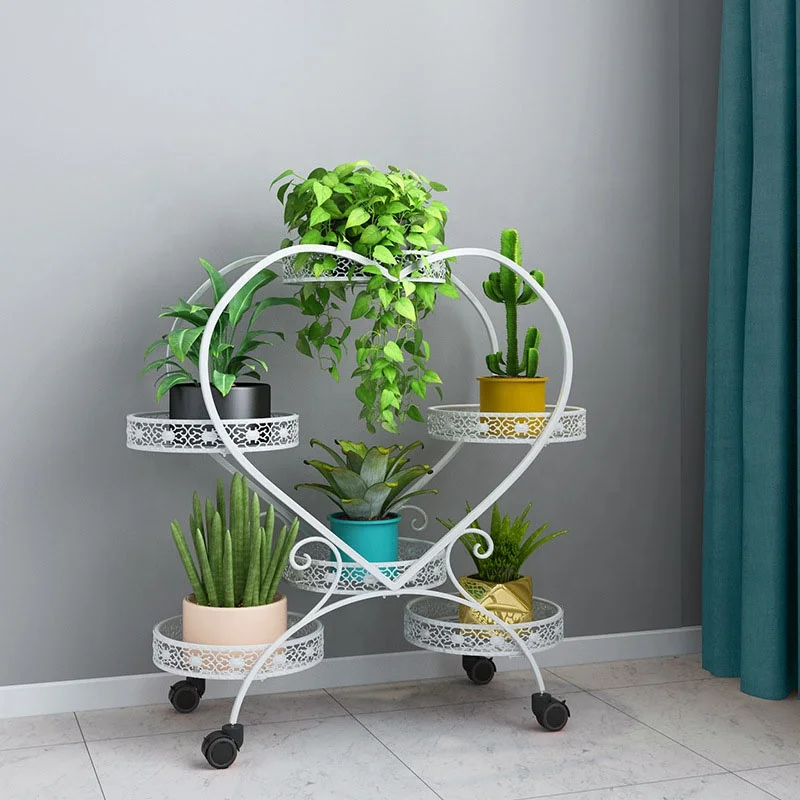 White Plant Stands Support Plante with Wheels Outdoor Plant Pot Stands 6 Tiers Steel Metal Flower Display Stand