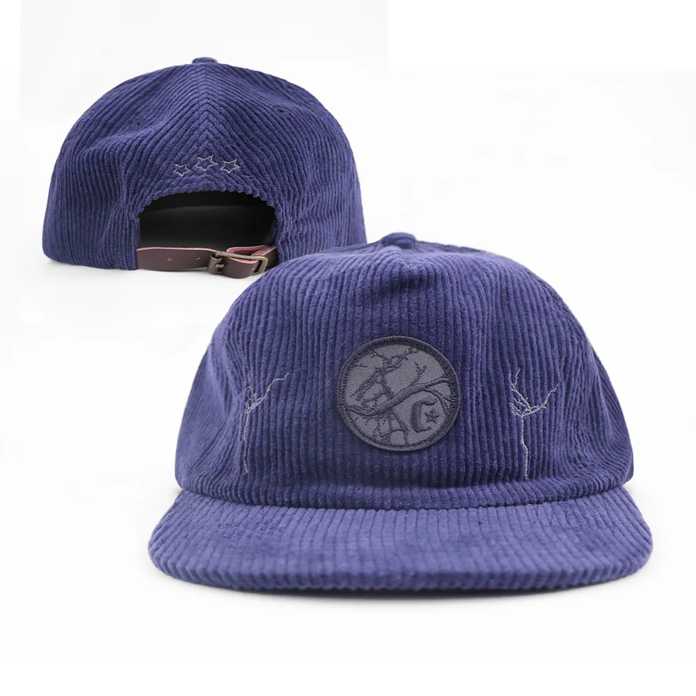 Wholesale Custom Embroidery Logo Flat Brim Corduroy Unstructured Vintage Snapback 5 Panel Hat