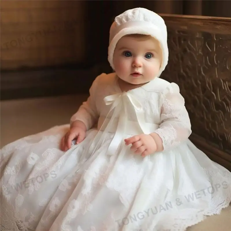 Wholesale Newborn Baby White Baptism Dress Wedding Party Long Sleeve Lace Dresses Toddler Girls Christening Gown With Hat