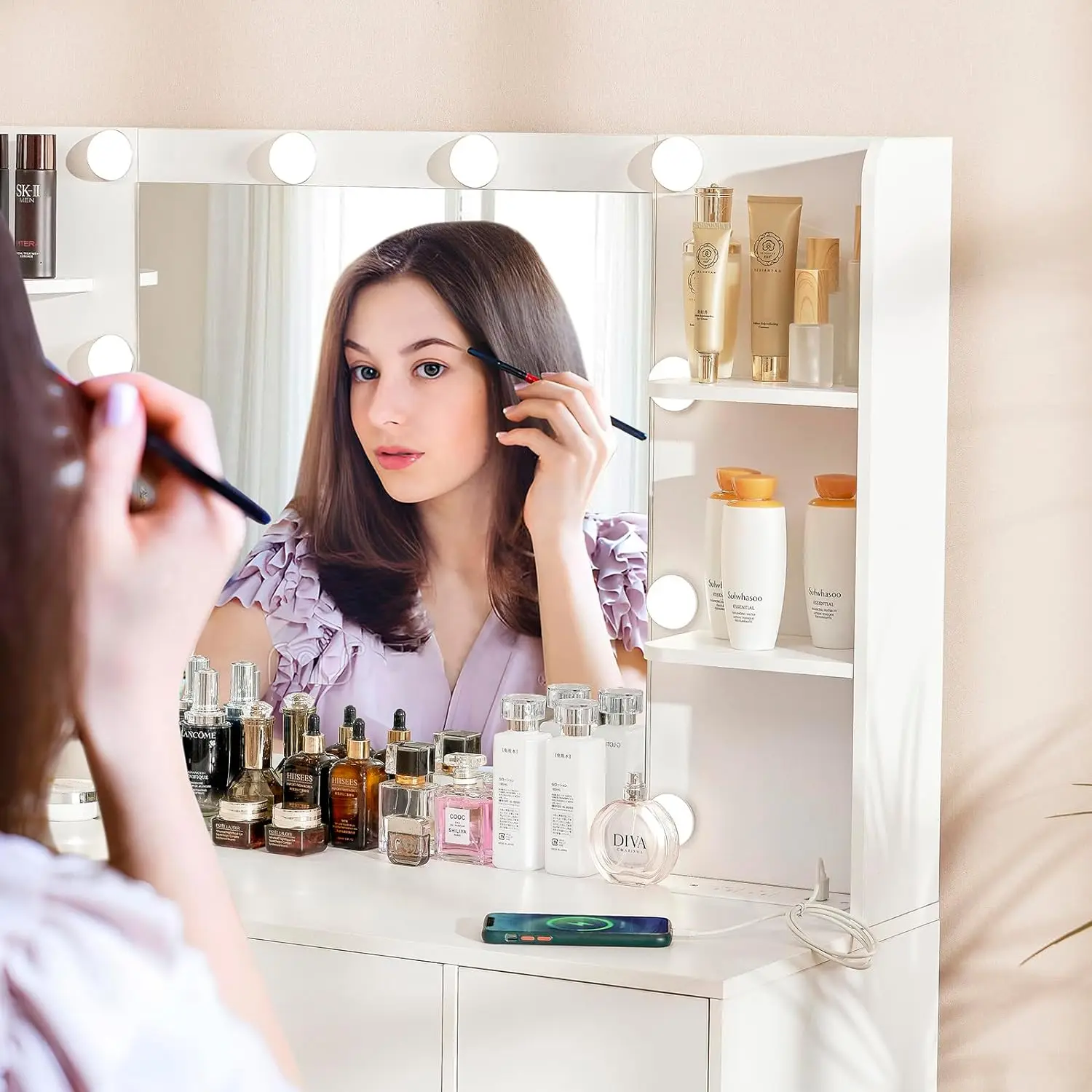 Luxury Modern LED Lights Adjustable Feature White Dressing Table Vintage Bedroom Set Makeup Mirror Storage Specific Use Dresser