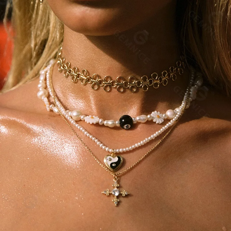 Gemnel enamel Yin Yang heart freshwater pearl 925 silver charms for necklaces