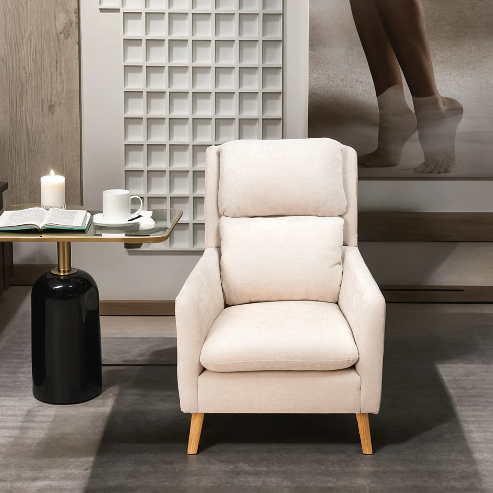 Sans Modern White Fabric Wooden Base Leisure Accent Chair Relaxed Armchairs for Living Room