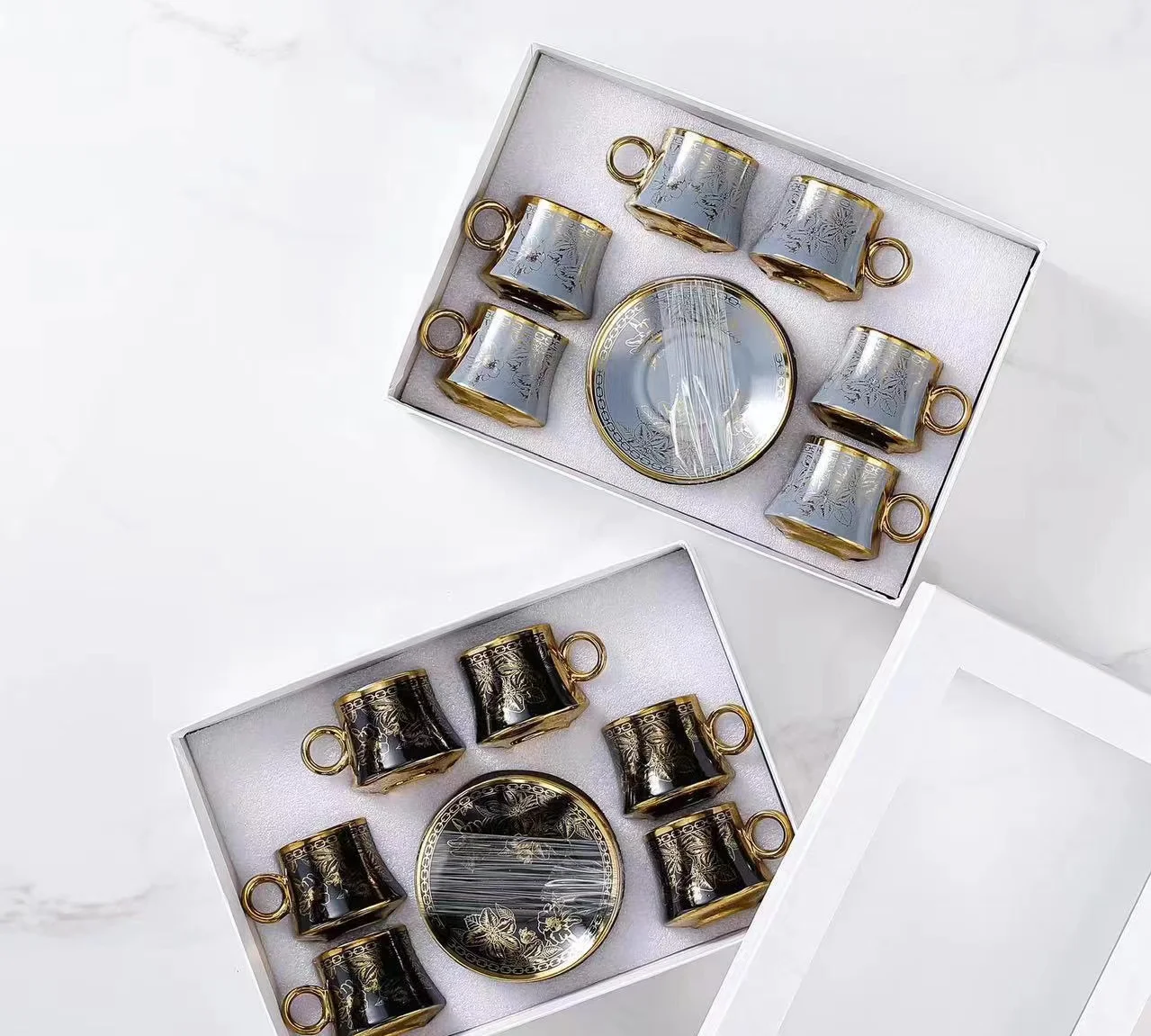 Custom Middle East Turkey Arabic Vintage Gold Plated Porcelain Ceramic Coffee Tea Cup And Saucers Set Of 12