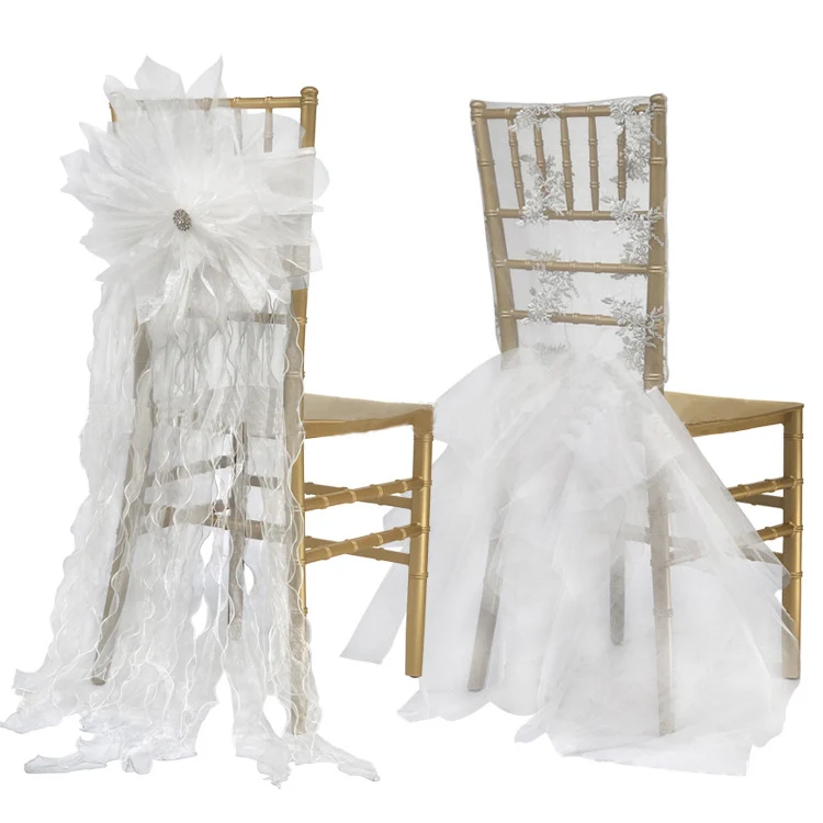 Wholesale Ruffle Chair Sashes Wedding Banquet Dinning Chair Decoration Chiffon Sash Cheap wedding  chair bow and sashes