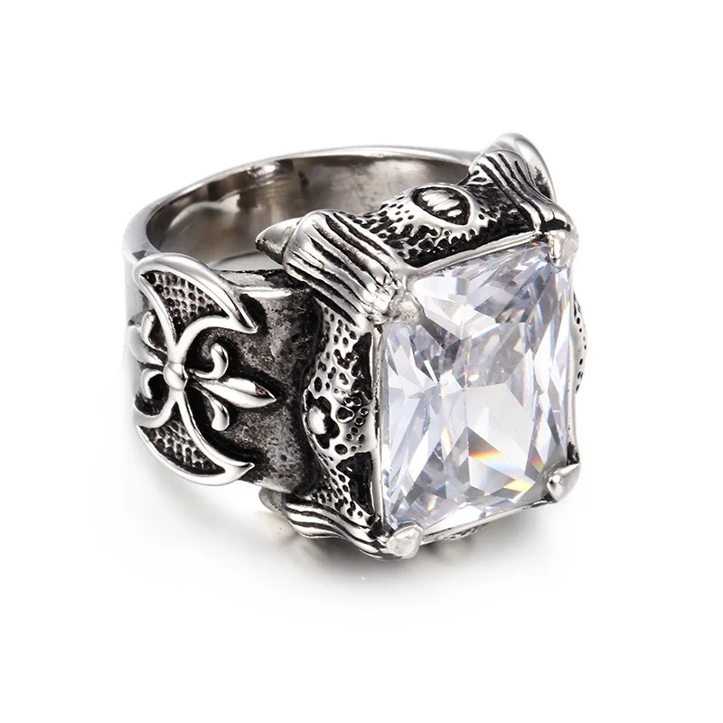 Fashion Dragon Carving Stainless Steel Square Large Rings Crystal Vintage Punk Mens Hip Hop Rings