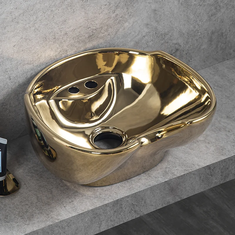 Оптовая продажа, оборудование для керамического шампуня, позолоченная салонная раковина для шампуня
