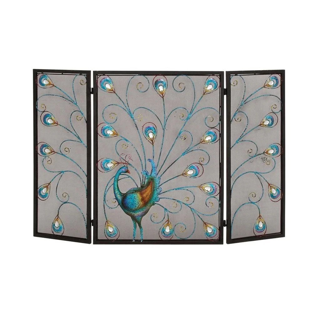 FUHUA freestanding 3 Panel Heavy Duty metal Fireplace Screen peacock fire screen