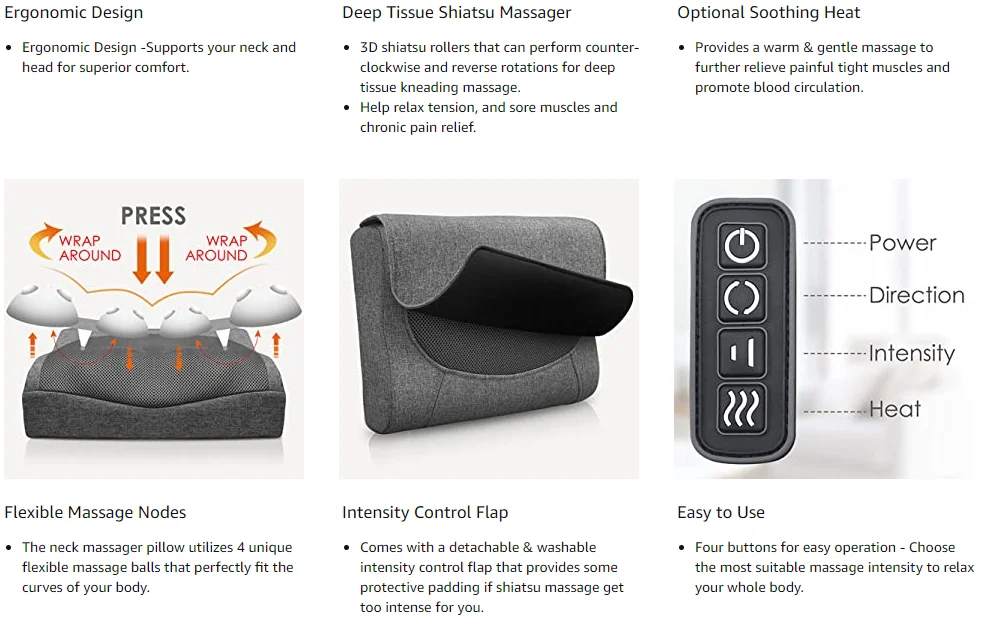 Shiatsu Neck Massager Pillow- Neck and Back Massager with Heat & Flexible Massage Nodes
