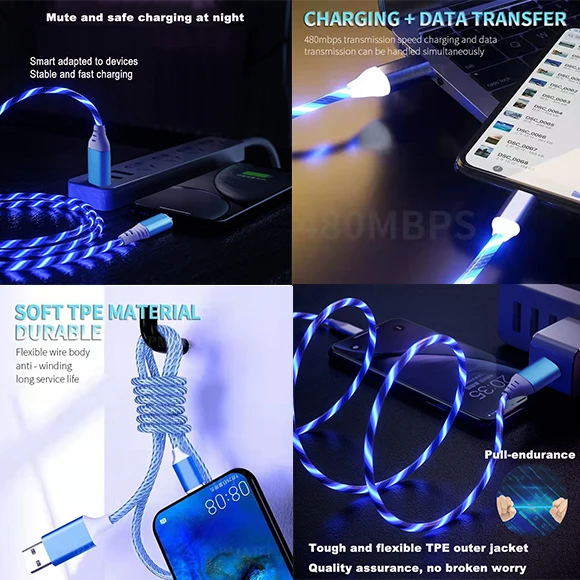 LED Flowing Cable USB C Smart OEM Fast Charging Mobile Phone Data Charging Cable