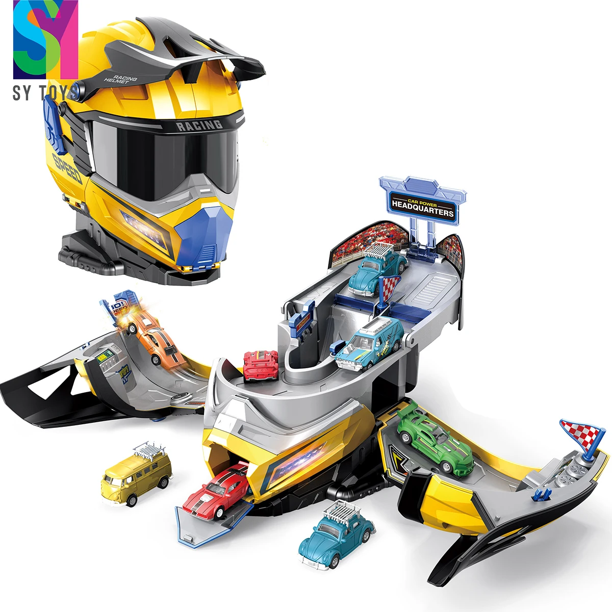 SY TOYS New Parking Lots Toy Off-Road Racing Helmet Storage Parking Lot With Diecast Car Light-up Music Toy