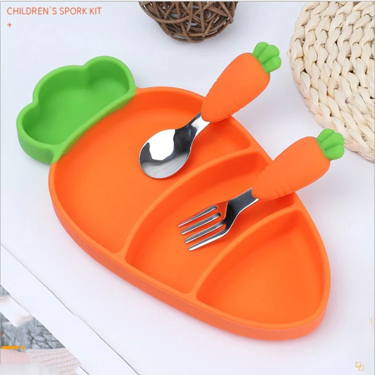Creative silicone carrot shape baby plate Children tableware set bowl  silicone Toddler baby Feeding bowl Plate  with spoon fork