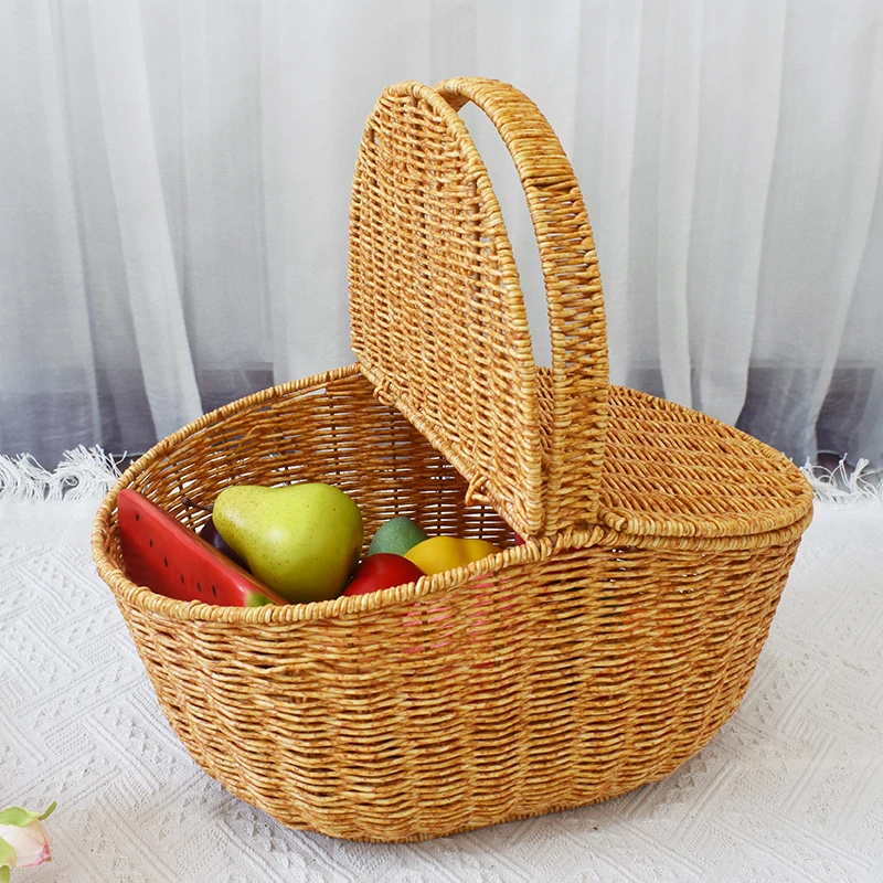 Handmade PP Plastic Picnic Basket Rattan Woven Storage Style with Lid Wholesale Wicker Picnic Basket