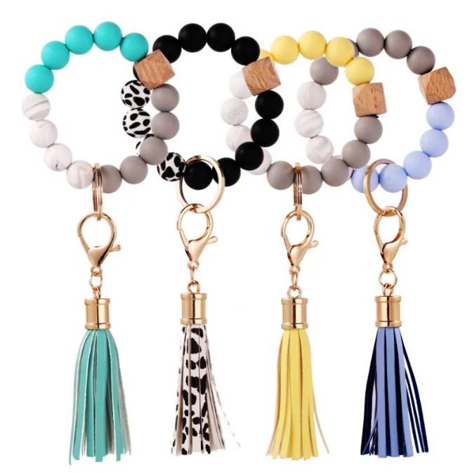 Hot selling Colorful Wood Bead Wristlet Key chain Retro Bracelet Bangle PU Leather Tassel Wristbands Keychain Accessories