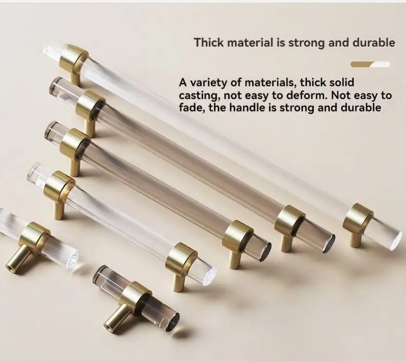 High Quality Brass acrylic strip handle modern simple cabinet gold transparent drawer wardrobe furniture light luxury handle