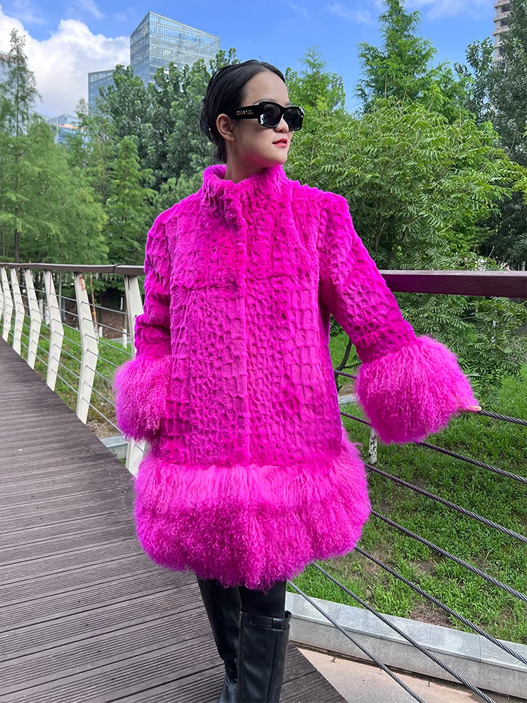 Women Fashionable Fuchsia Color Rex Rabbit Fur Jacket Real Fur Coat with Lamb Fur Stand up Collar Wholesale Price From Factory