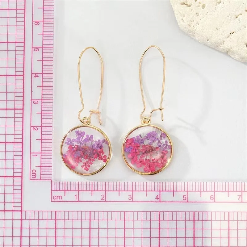 Retro creative simple round glue pink resin Dried flower earrings female cute flower earrings