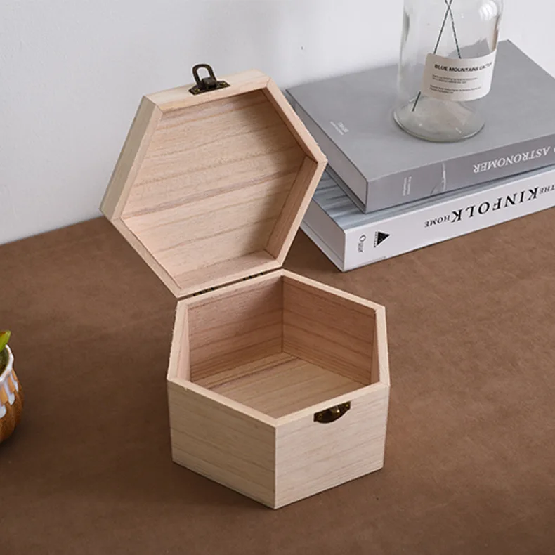 Natural Hexagon Unfinished Wooden Box Wood Storage Box with Hinged Lid and Front Clasp