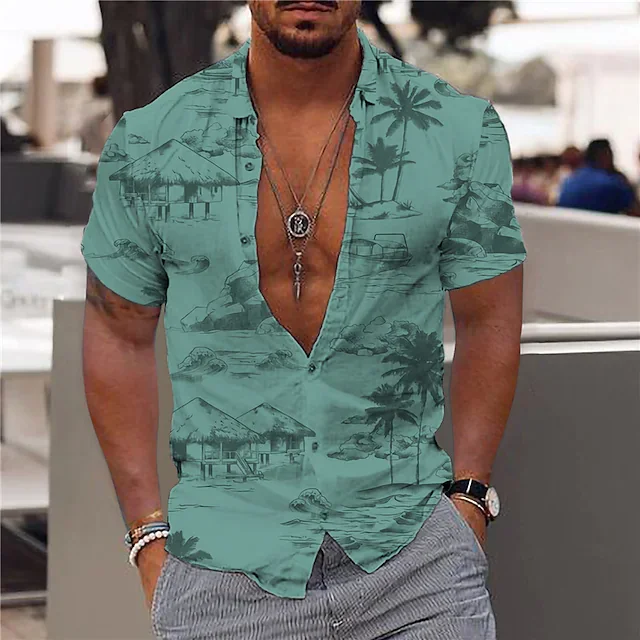 Factory Wholesale Custom Summer Short-sleeved Shirt 3D Print Coconut Tree Graphic Turndown New Fashion Trend Shirt For Men
