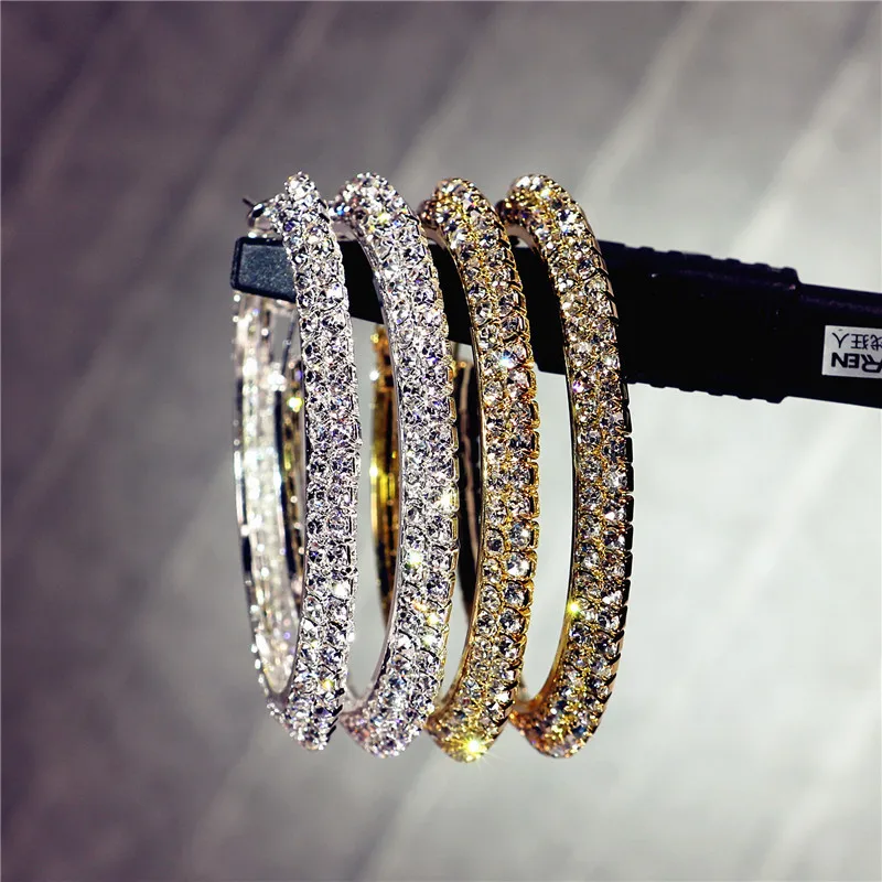 Fashion Jewelry Huggie Hoop Earrings Ear Ring Pave Set Stunning Diamond Double Row Large Hiphop Dance Earrings