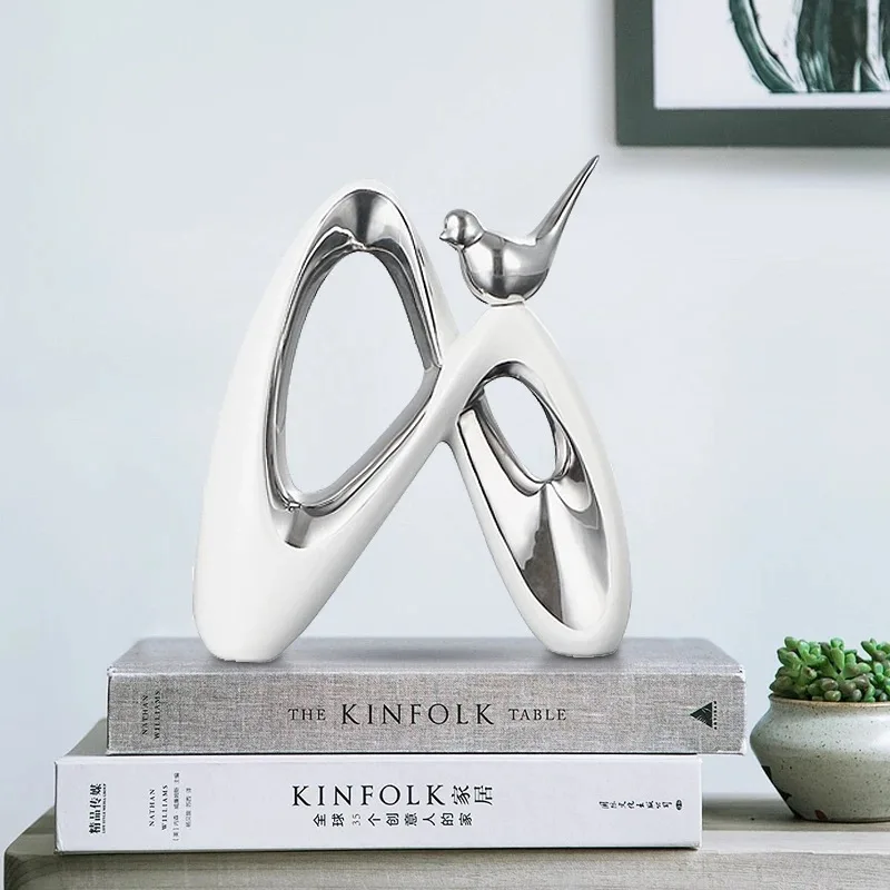 Nordic Abstract Birds home decoration white silver plated ceramic Crafts ornaments simple style Porcelain for living room