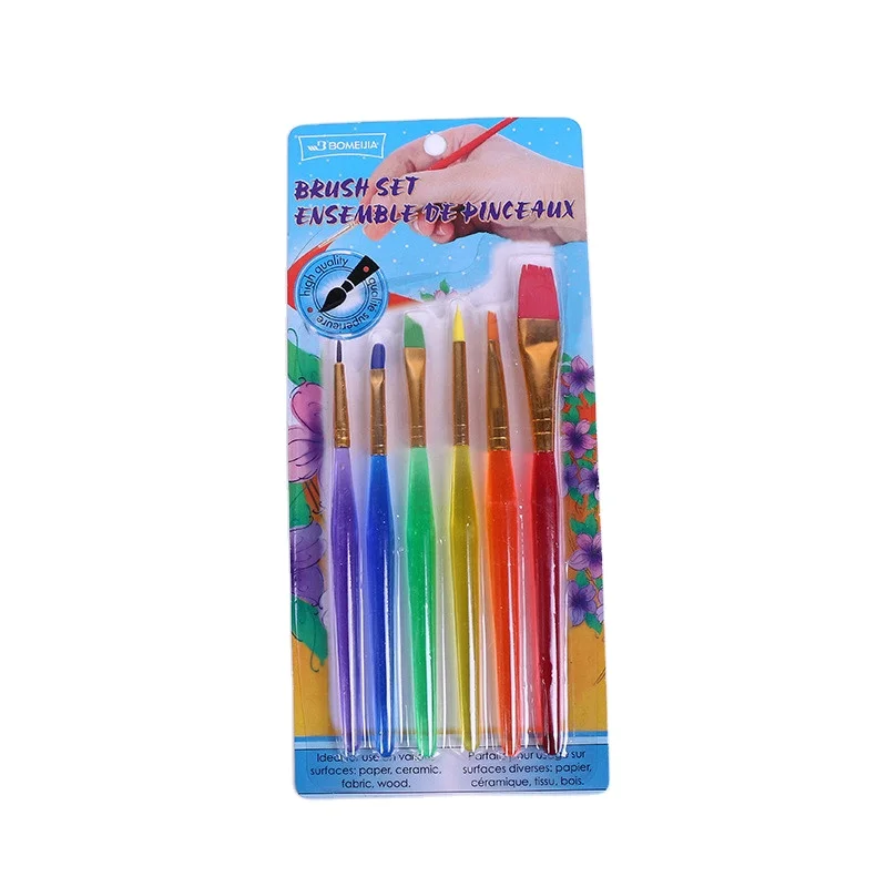 BOMEIJIA 6Pcs Plastic Watercolor Kids DIY Brush Colored Nylon Oil Acrylic Baby Paint Brush Set Art Supplies
