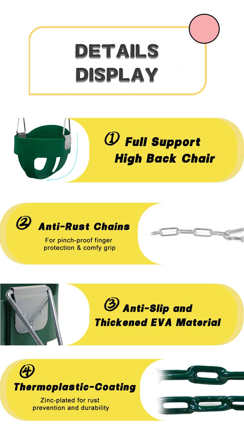 Kids Outdoor Playground Plastic High Back Full Bucket Toddler Swing Seat Coated Swing Chains Fully Assembled Toddler Swing Set