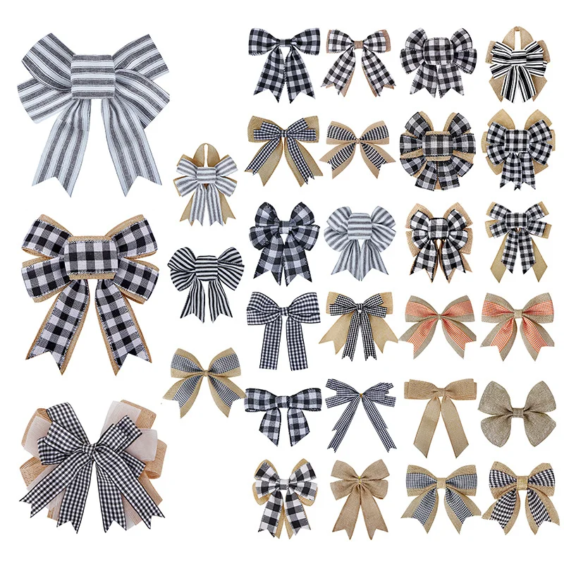 Рождественский бант имитация льняной ленты черно-белая клетчатая гирлянда ручной работы с номером подвеска-бантом оптовая продажа