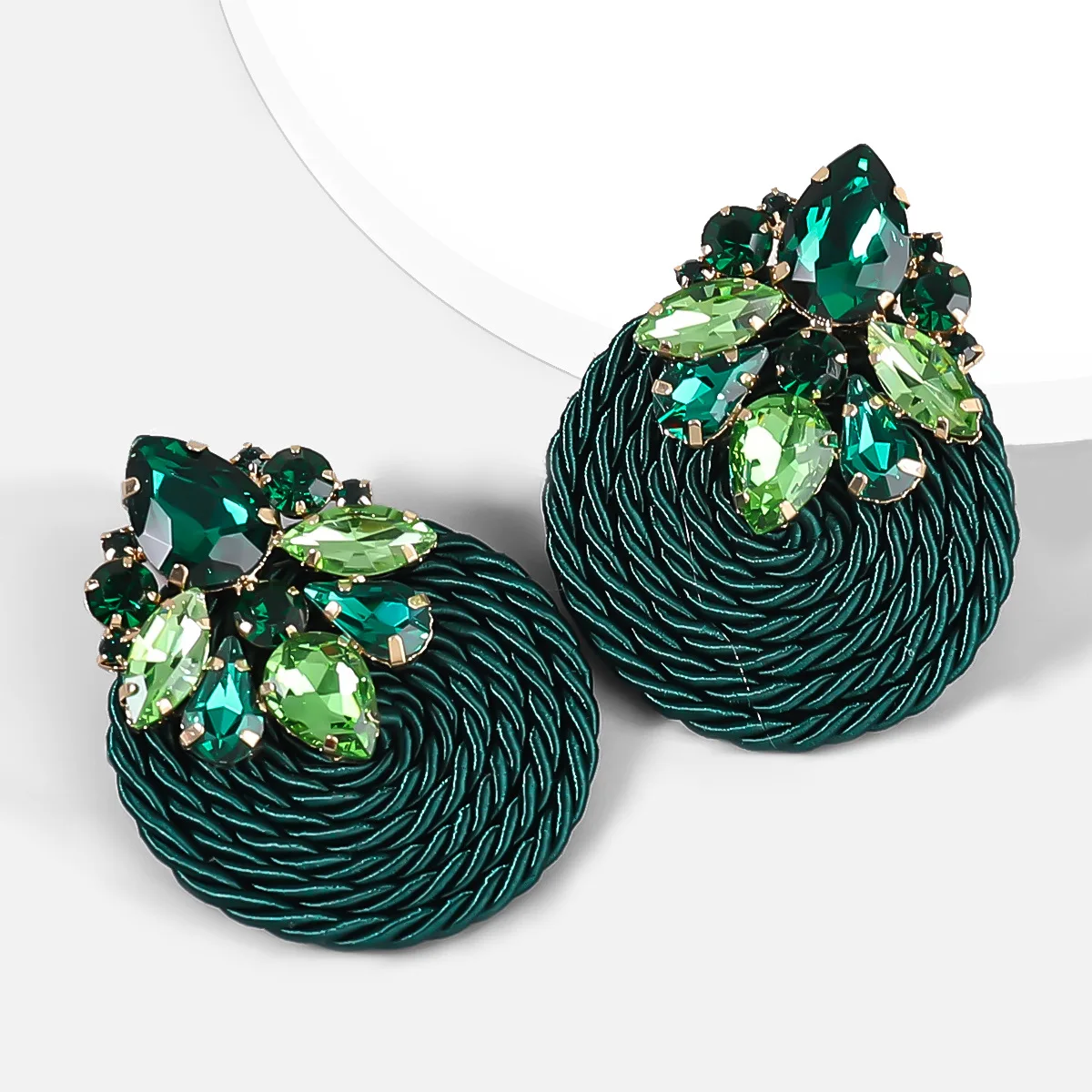 New geometric alloy glass diamond earrings polyester elastic cord braided round earrings jewelry for women