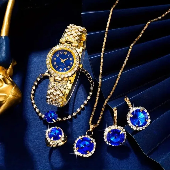 NJC Fashion Analog Wrist Watch & 5pcs Jewelry Set Stylish Rhinestone iced out watches set Gift For Women
