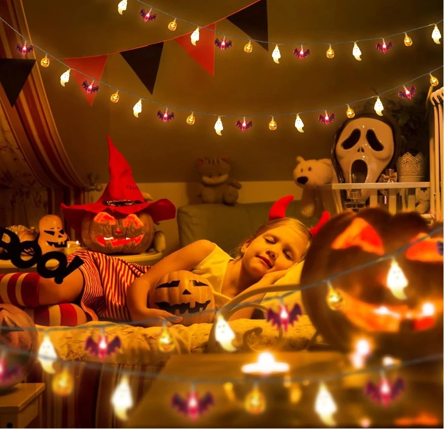 Pumpkin Bat Ghost 8 Lighting Modes Fairy Battery Operated Halloween String Lights For Home Door Window Porch Party Decoration