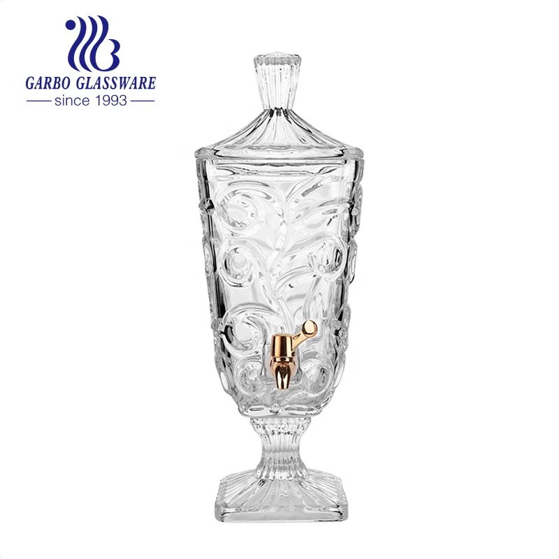Hot sale square large glass juice dispenser jar with spigot wholesale 2L engraving cold liquor glass beverage dispenser with tap