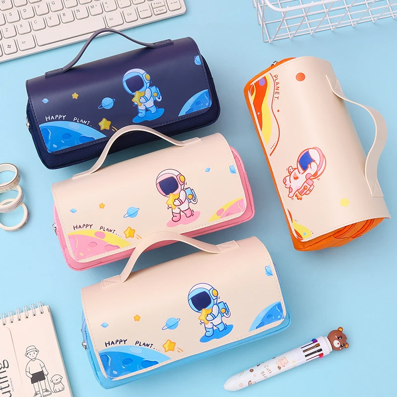 2024 new arrival custom cute cartoon large-capacity pencil case stationery bag happy planet creative double-layer pencil bag