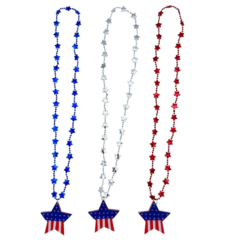 July 4th American Independence lanyard Necklace Party Blue White Red Pentagram beaded star letter Necklace plastic party product