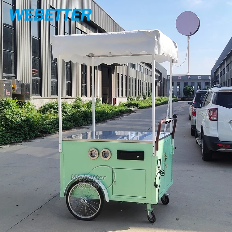WEBETTER Hand Pushed Hamburgers Coffee Food Cart Outdoor Commercial Flower Coffee Cart with Umbrella