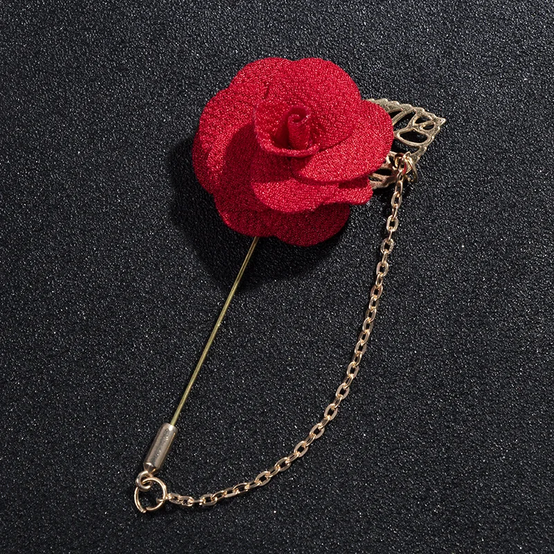 Promotional tassel chain hand made fabric rose flower brooch lapel pin for groomsmen