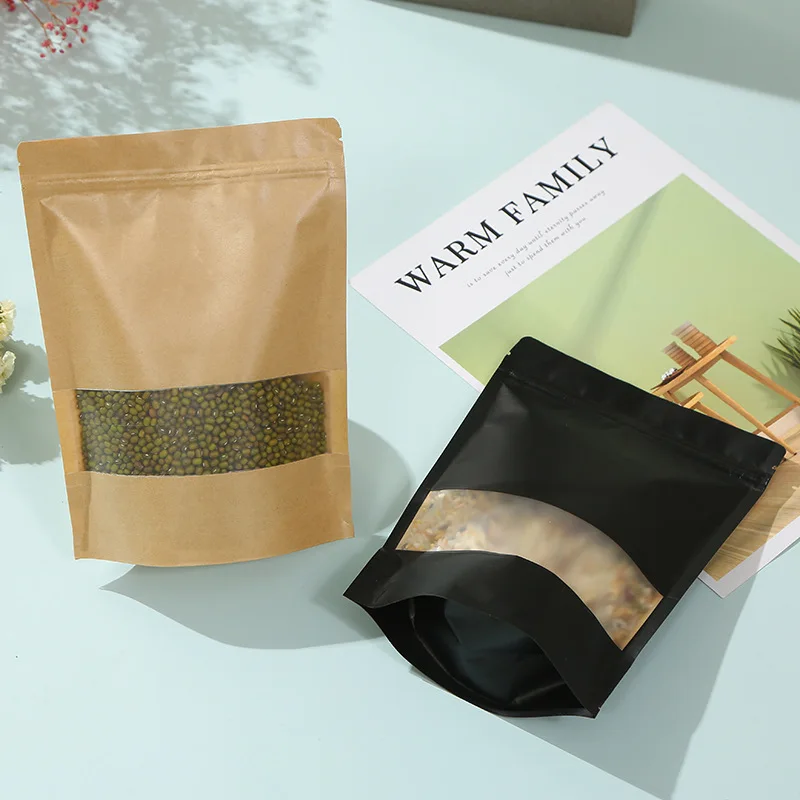 Recyclable Kraft Paper Sachet Stand Up Food Pouch Kraft Paper Doypack Bag With Window, Sachet Ziplock Kraft Stand Up Paper Pouch