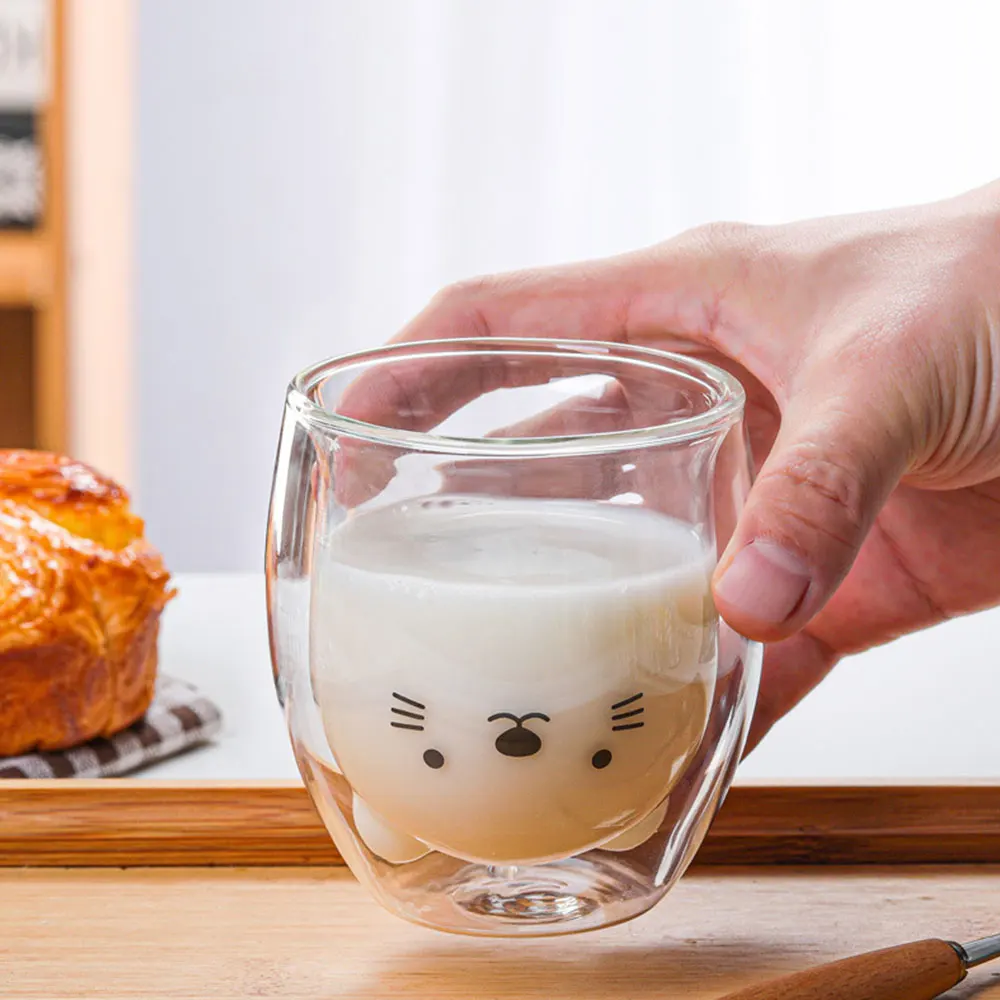 Bear Glass Cups Child Lover Gift Cute Bear Shaped Double Wall Glass Juice Cups For Coffee