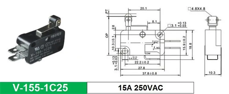 Black V-155-1C25 15A Dual Color 3 Pin Micro Switch With Plastic Button
