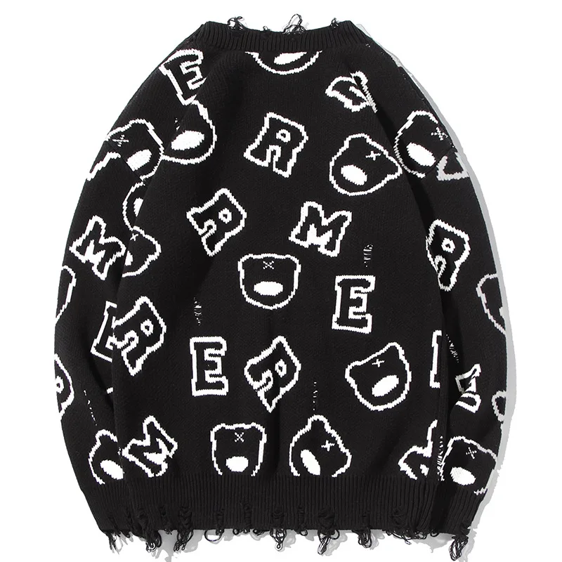 Nanteng Custom Logo Low MOQ Autumn Winter Warm Printed Jacquard Knitwear Crew Neck Raw Edges Men Pullover Sweater