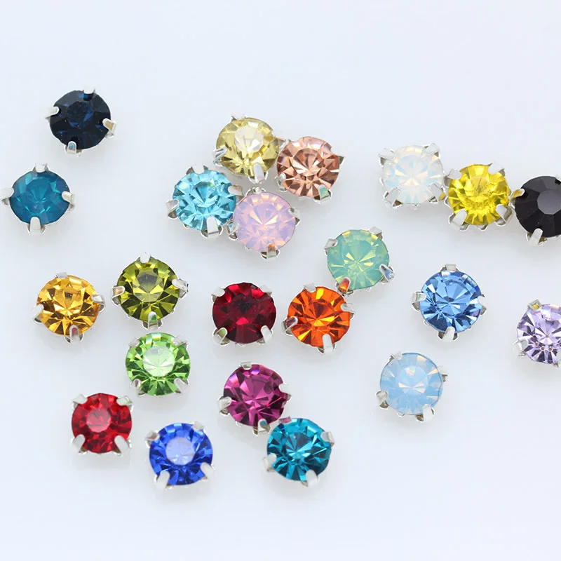 Prong Sew on Strass Beads Crystals Rhinestones with Plated Flatback Claw for Clothing in Sliver Round Colorful Glass Opp Bag