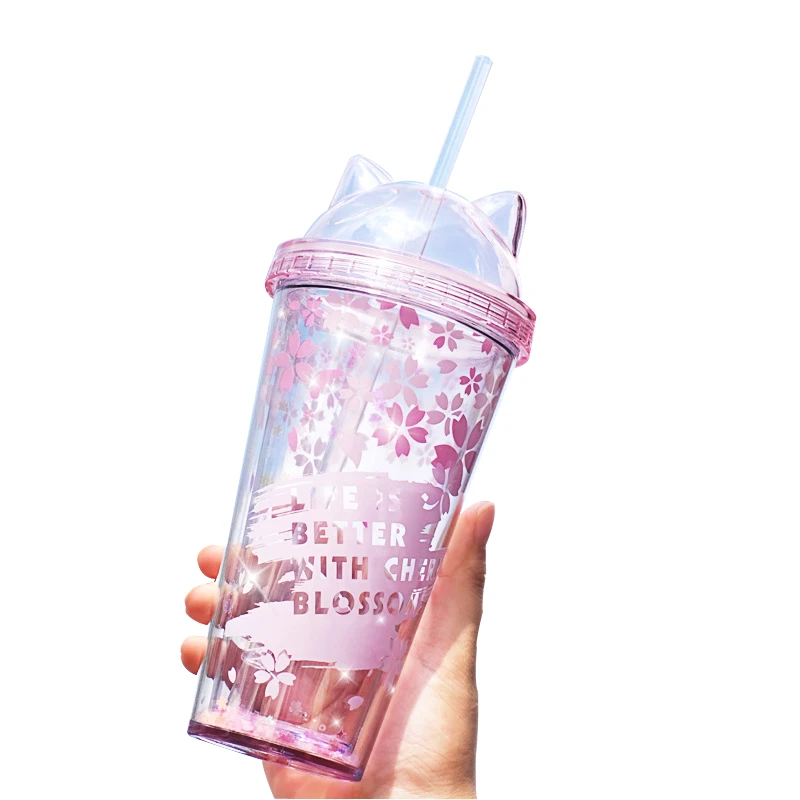 
Amazon top seller double layer plastic cup with straw pink cherry blossoms print reusable drinking cups 