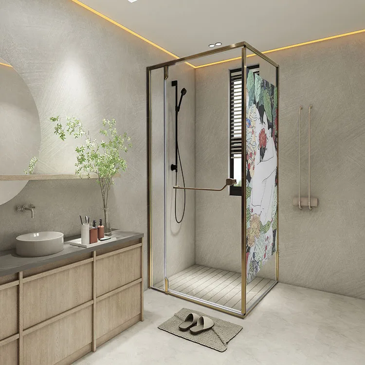 L shaped frameless hinge glass door With Painted Picture 6-8MM Tempered glass shower room shower enclosure