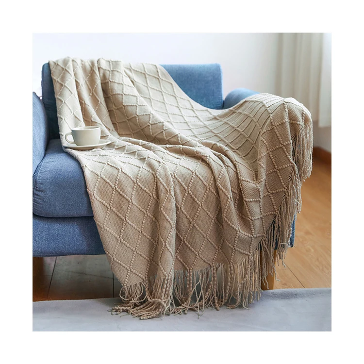 Knit 100% Acrylic Textured Solid Wholesale Fringe  Home Chair Sofa Couch Bed Decor Throw Blankets