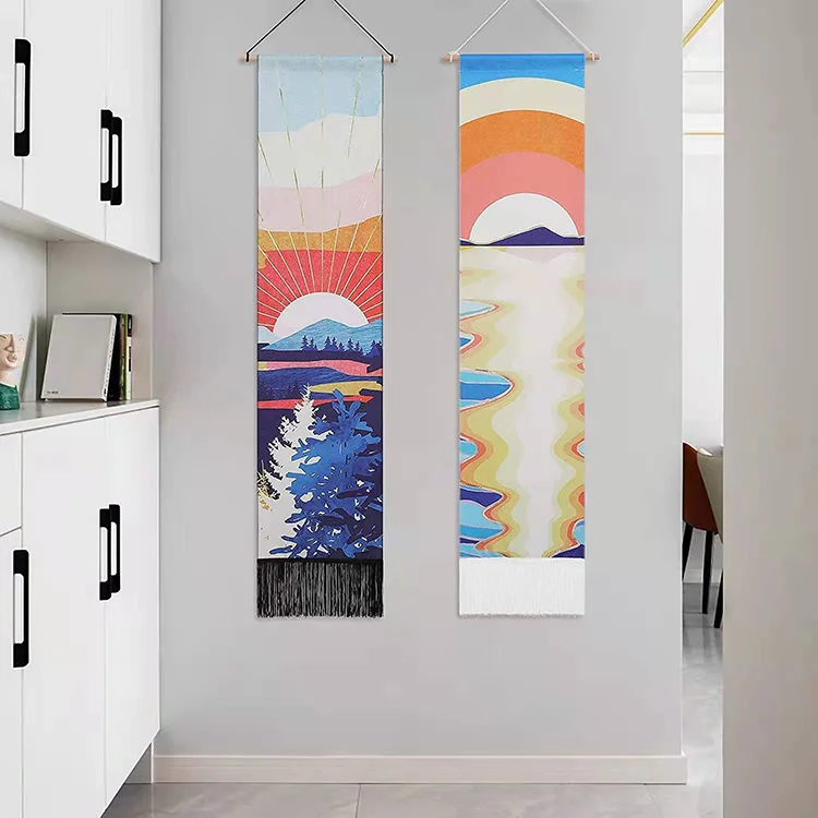 2 pcs River Mountain Nature Landscape Sunset Tapestries Moon Stars Night Starry Sky Long Tapestry Wall Hanging for Home Decor