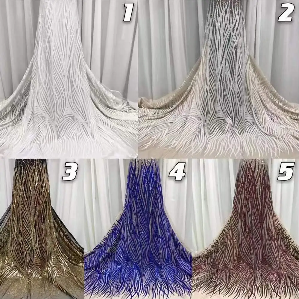 Width 125 cm Polyester sparkly sequins Embroidery stripe Mesh Nigerian Fabric heavy tulle Lace Fabric for wedding Dress