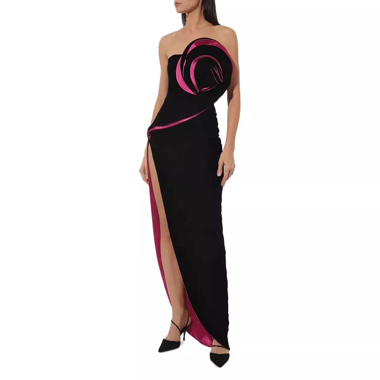 2024 explosion three-dimensional flower with chest slit dress design sense slim velvet long dress for women