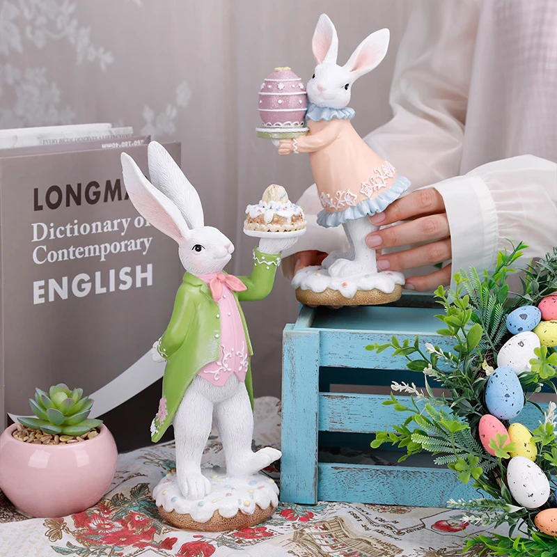 Redeco Hot Sale Spring Desktop Decorations Pink Cute Easter Bunny Figurine Resin Cartoon Rabbit Sculpture